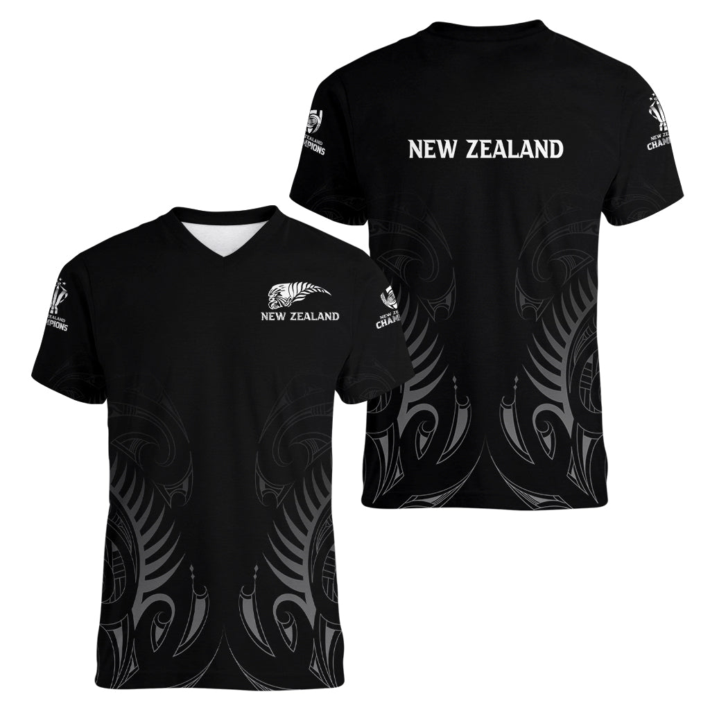New Zealand Women V Neck T Shirt Rugby 2023 Champions Black - Vibe Hoodie Shop