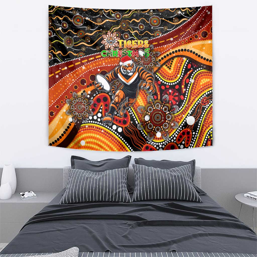 Merry Christmas Wests Tigers Tapestry Aboriginal Santa Rugby Mascot - The Tigers - Vibe Hoodie Shop