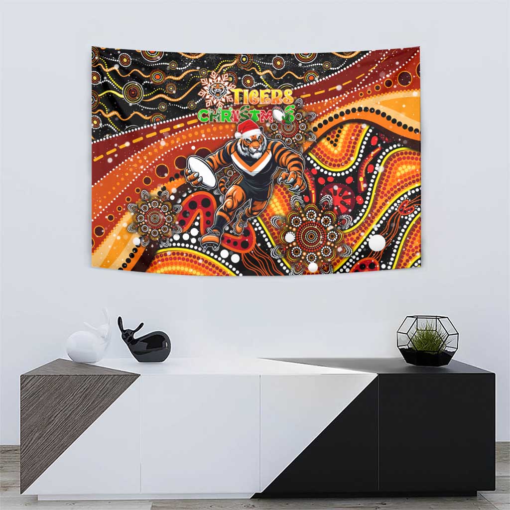 Merry Christmas Wests Tigers Tapestry Aboriginal Santa Rugby Mascot - The Tigers - Vibe Hoodie Shop