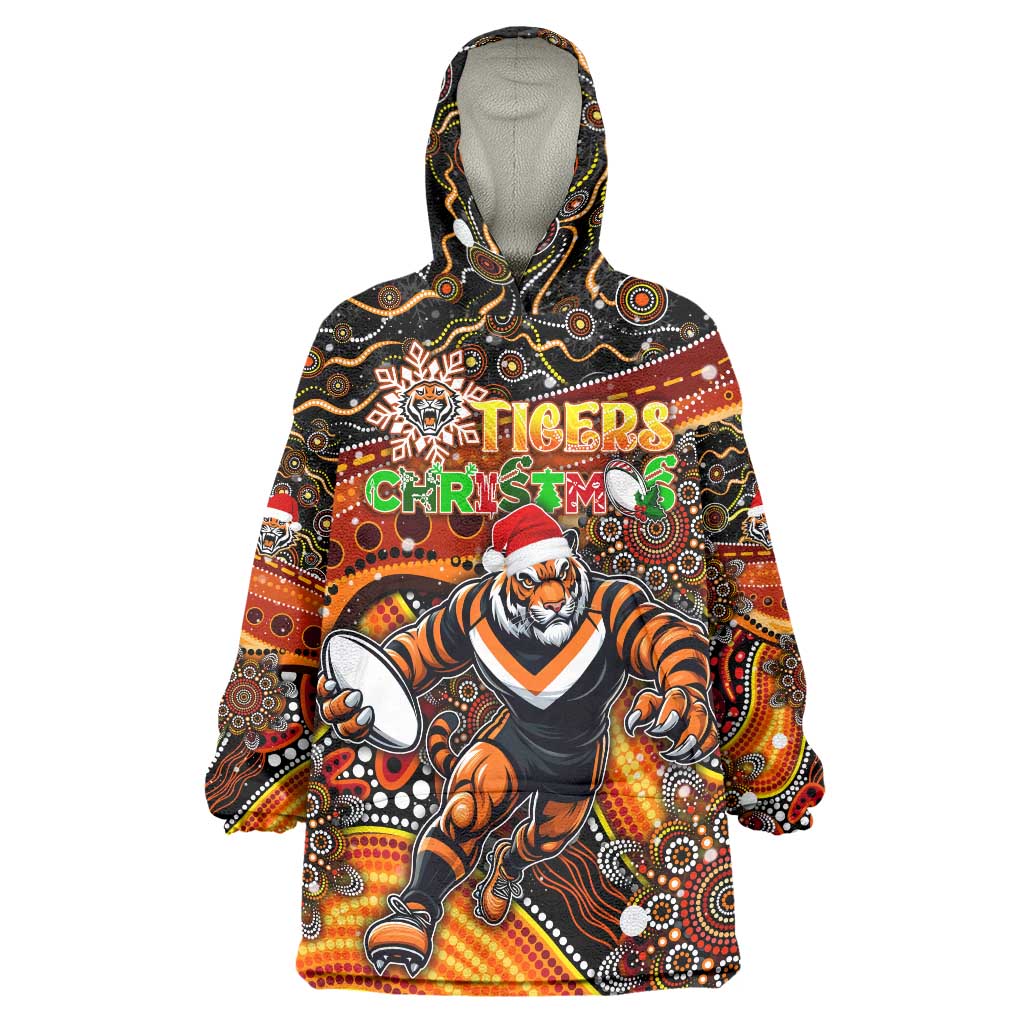 Merry Christmas Wests Tigers Wearable Blanket Hoodie Aboriginal Santa Rugby Mascot - The Tigers - Vibe Hoodie Shop