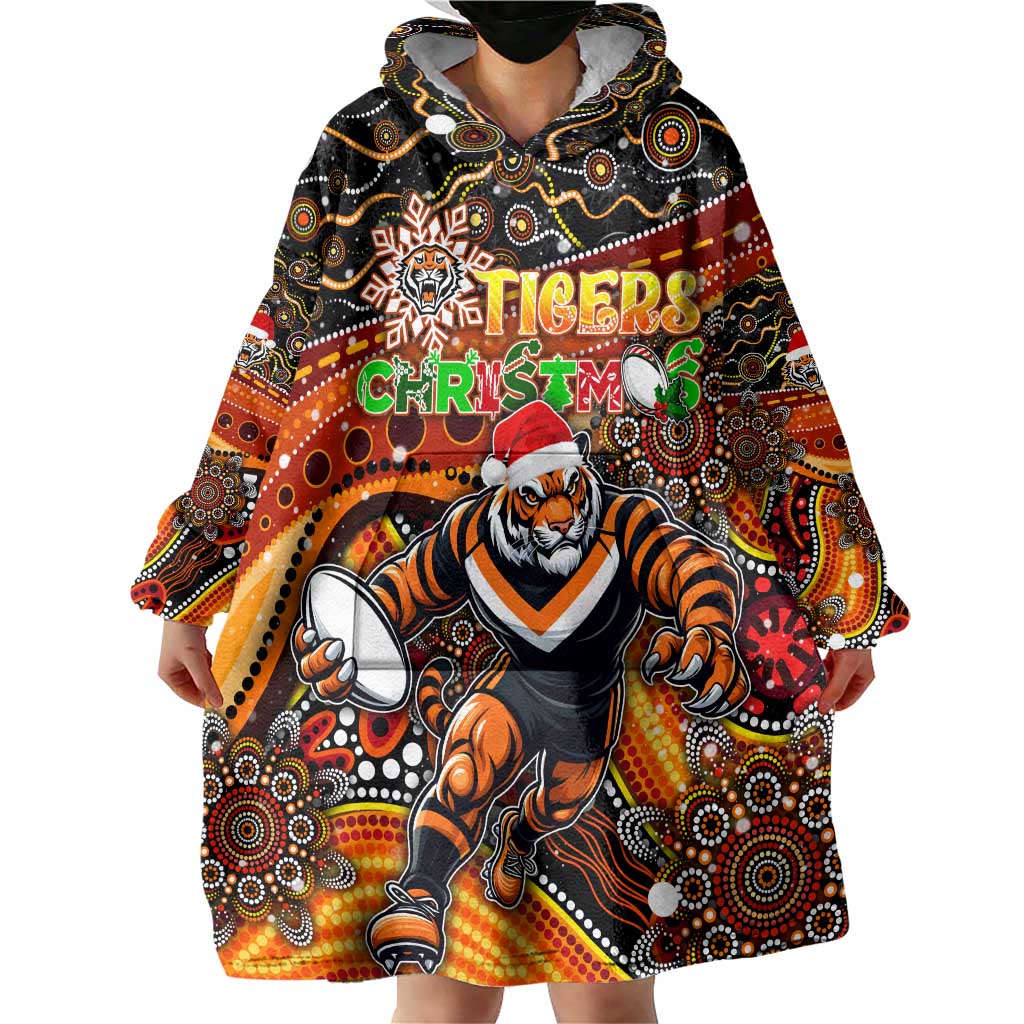 Merry Christmas Wests Tigers Wearable Blanket Hoodie Aboriginal Santa Rugby Mascot - The Tigers - Vibe Hoodie Shop