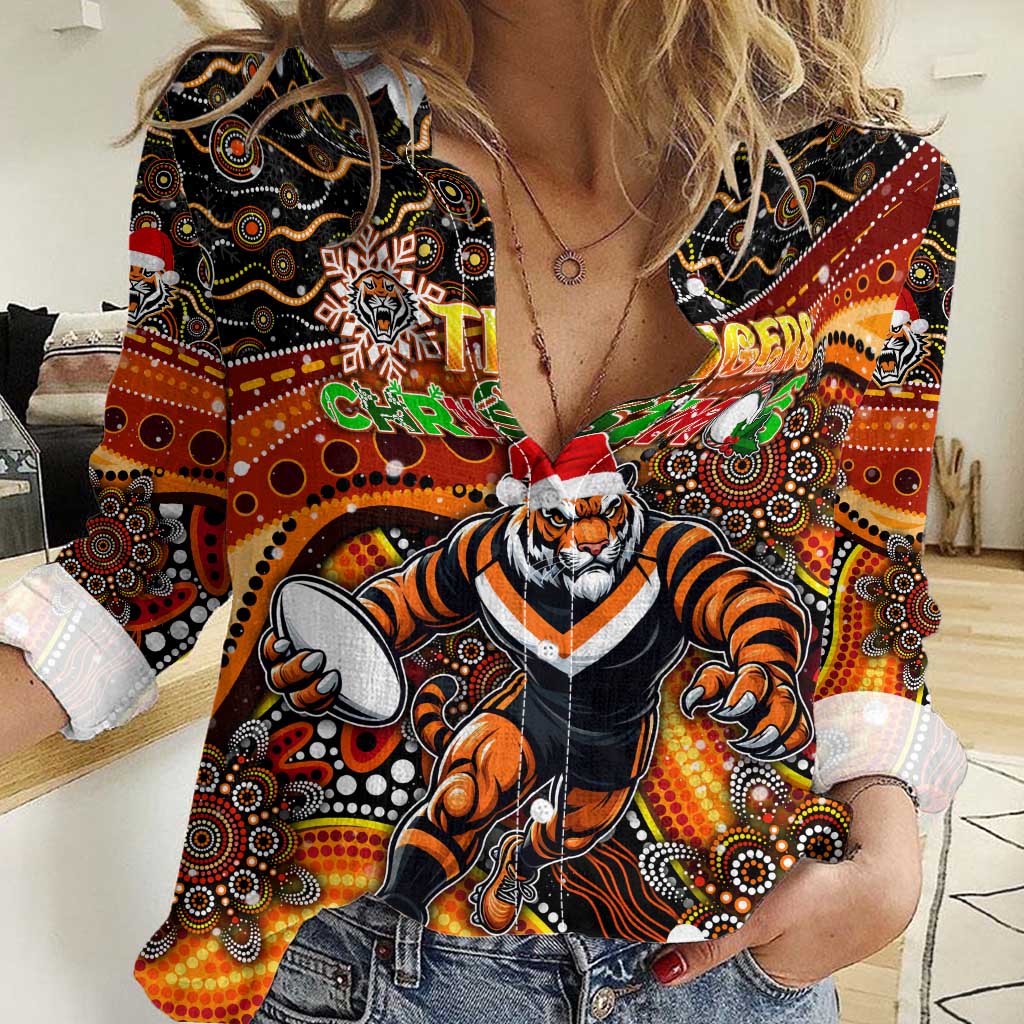 Merry Christmas Wests Tigers Women Casual Shirt Aboriginal Santa Rugby Mascot - The Tigers - Vibe Hoodie Shop