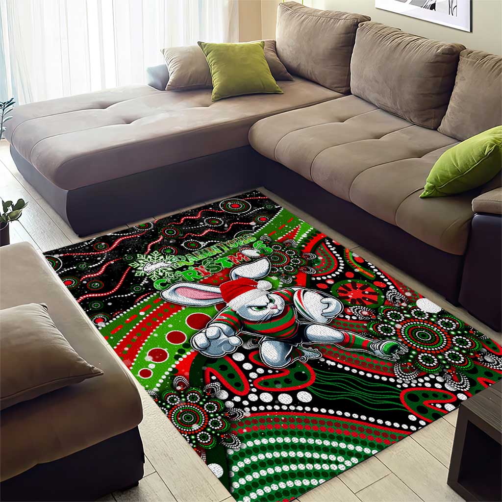 Merry Christmas Rabbitohs Area Rug Aboriginal Santa Rugby Mascot - South Sydney Bunnies - Vibe Hoodie Shop