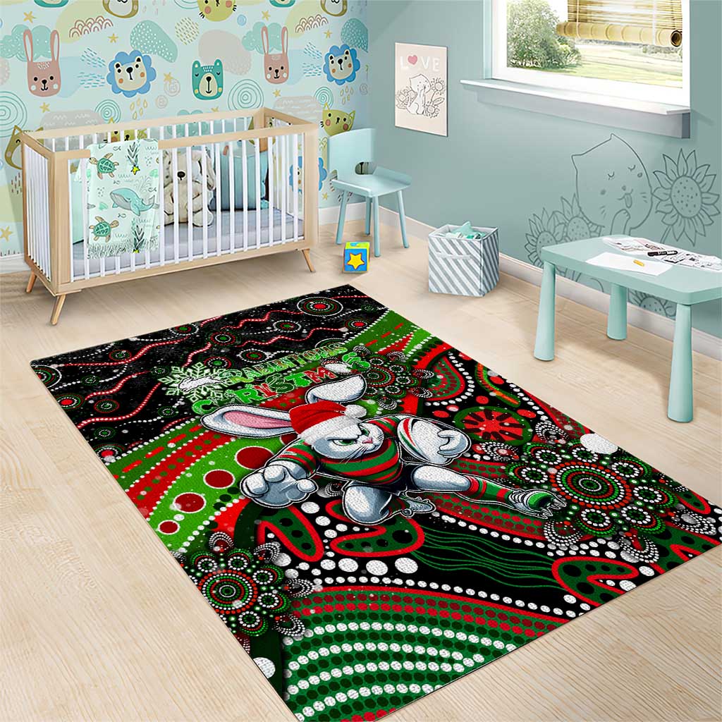 Merry Christmas Rabbitohs Area Rug Aboriginal Santa Rugby Mascot - South Sydney Bunnies - Vibe Hoodie Shop