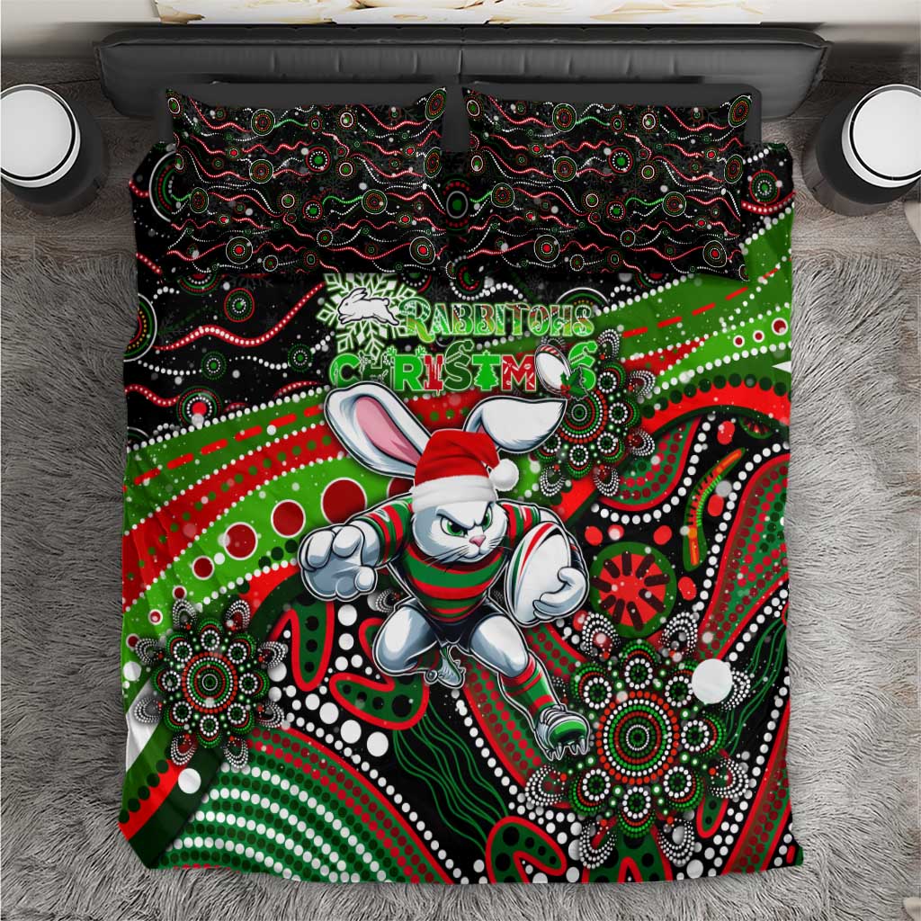 Merry Christmas Rabbitohs Bedding Set Aboriginal Santa Rugby Mascot - South Sydney Bunnies - Vibe Hoodie Shop