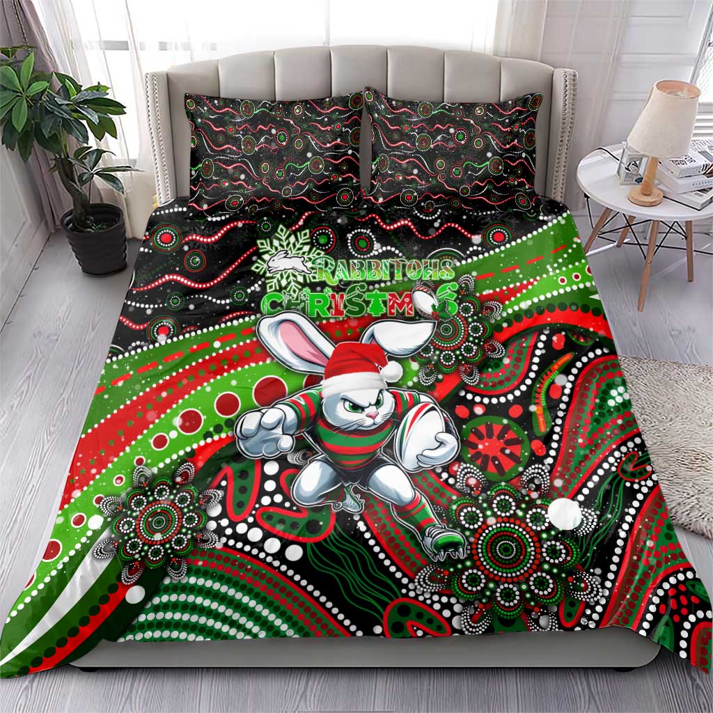 Merry Christmas Rabbitohs Bedding Set Aboriginal Santa Rugby Mascot - South Sydney Bunnies - Vibe Hoodie Shop