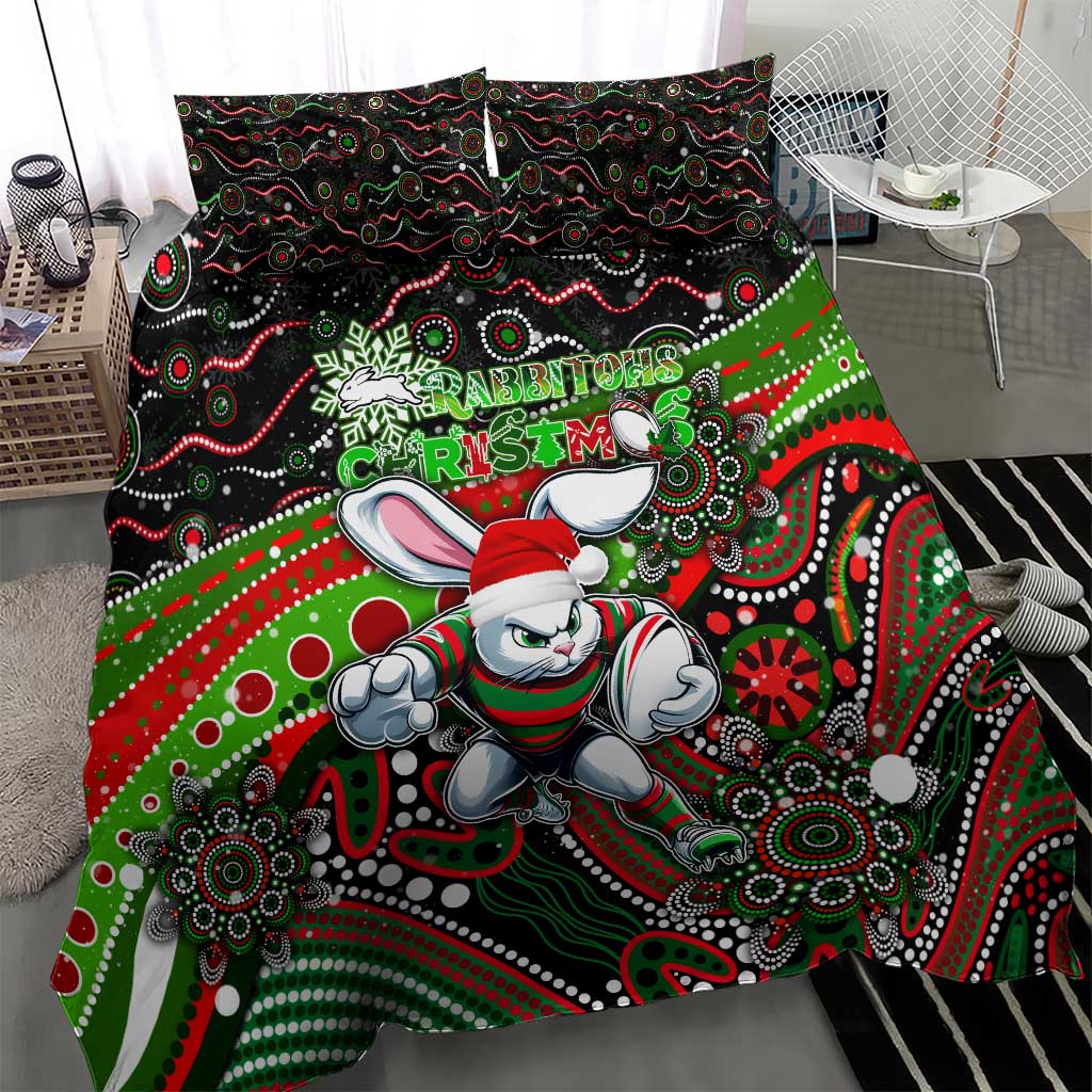 Merry Christmas Rabbitohs Bedding Set Aboriginal Santa Rugby Mascot - South Sydney Bunnies - Vibe Hoodie Shop