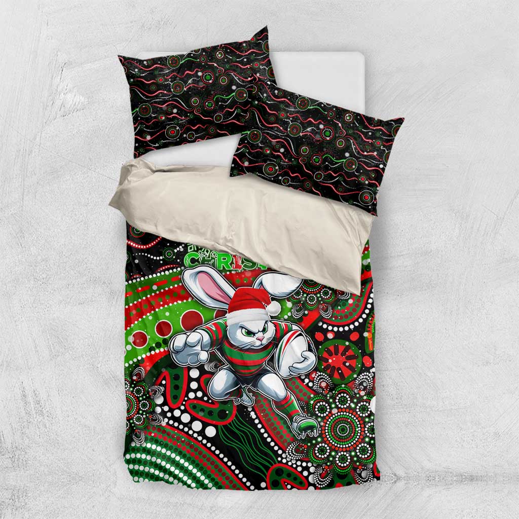Merry Christmas Rabbitohs Bedding Set Aboriginal Santa Rugby Mascot - South Sydney Bunnies - Vibe Hoodie Shop