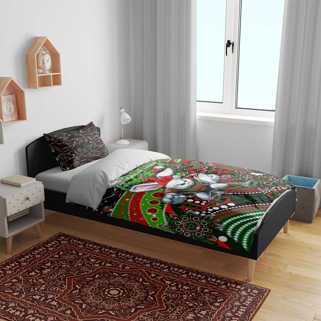Merry Christmas Rabbitohs Bedding Set Aboriginal Santa Rugby Mascot - South Sydney Bunnies - Vibe Hoodie Shop