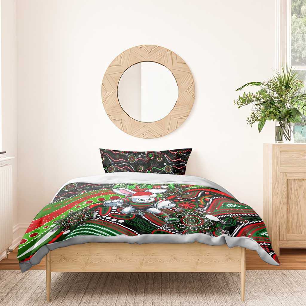 Merry Christmas Rabbitohs Bedding Set Aboriginal Santa Rugby Mascot - South Sydney Bunnies - Vibe Hoodie Shop