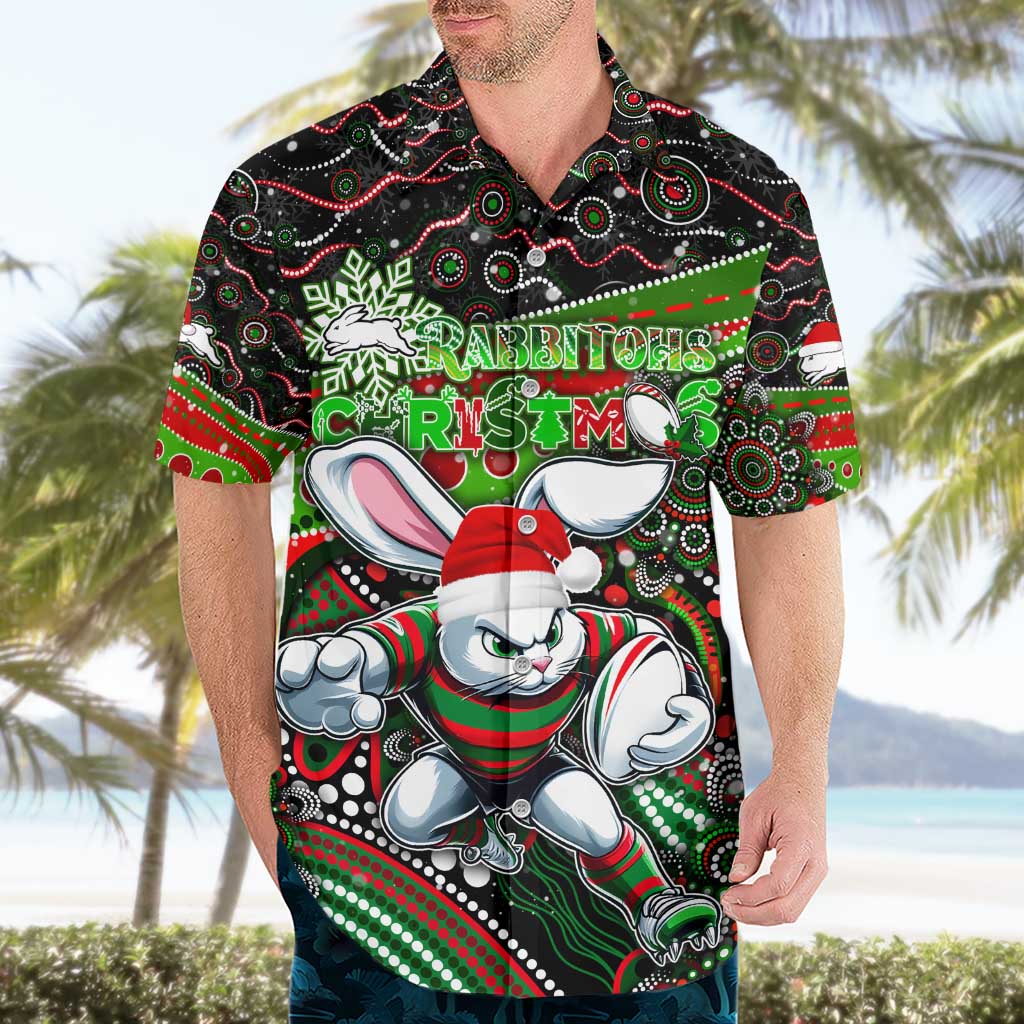 Merry Christmas Rabbitohs Hawaiian Shirt Aboriginal Santa Rugby Mascot - South Sydney Bunnies - Vibe Hoodie Shop