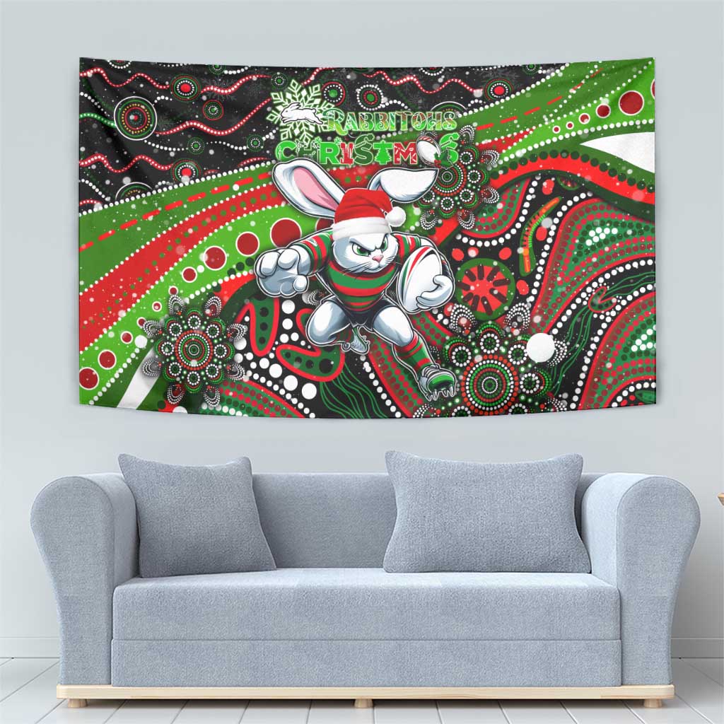 Merry Christmas Rabbitohs Tapestry Aboriginal Santa Rugby Mascot - South Sydney Bunnies - Vibe Hoodie Shop