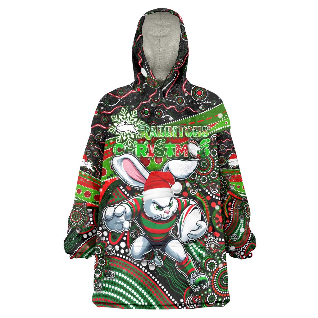 Merry Christmas Rabbitohs Wearable Blanket Hoodie Aboriginal Santa Rugby Mascot - South Sydney Bunnies - Vibe Hoodie Shop