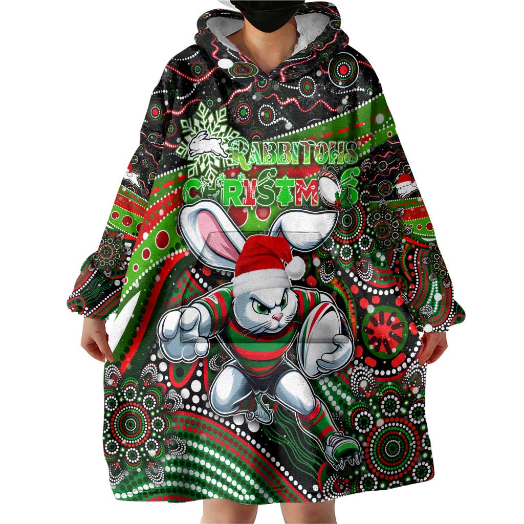 Merry Christmas Rabbitohs Wearable Blanket Hoodie Aboriginal Santa Rugby Mascot - South Sydney Bunnies - Vibe Hoodie Shop