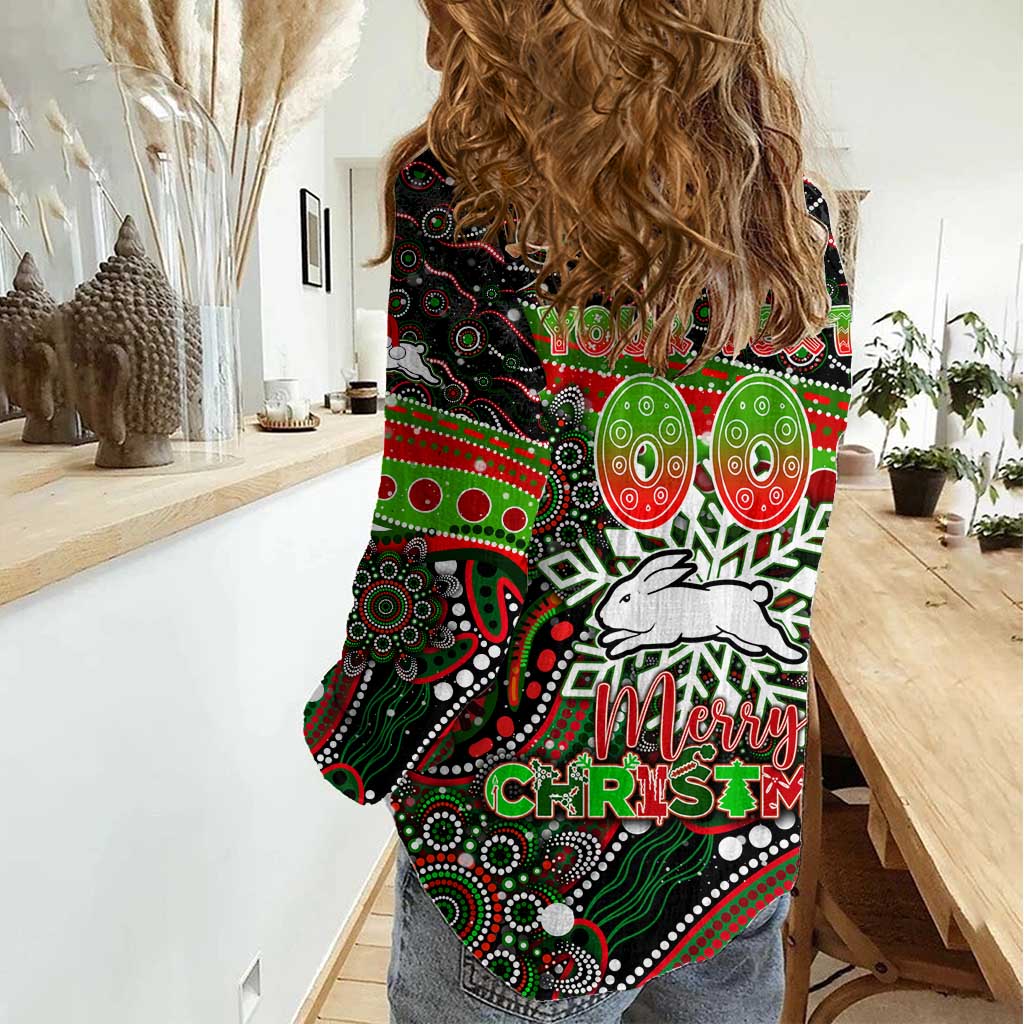Merry Christmas Rabbitohs Women Casual Shirt Aboriginal Santa Rugby Mascot - South Sydney Bunnies - Vibe Hoodie Shop