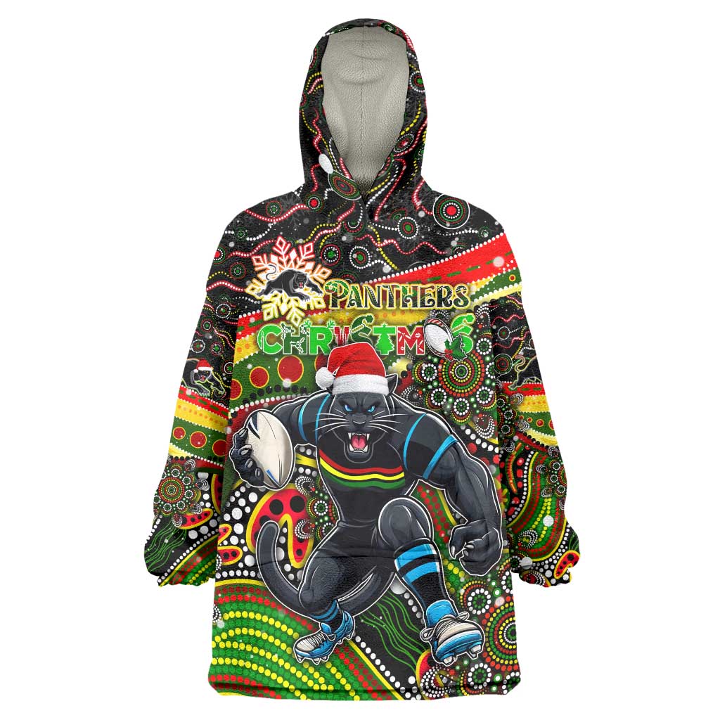 Merry Christmas Penrith Panthers Wearable Blanket Hoodie Aboriginal Santa Rugby Mascot - The Riff - Vibe Hoodie Shop