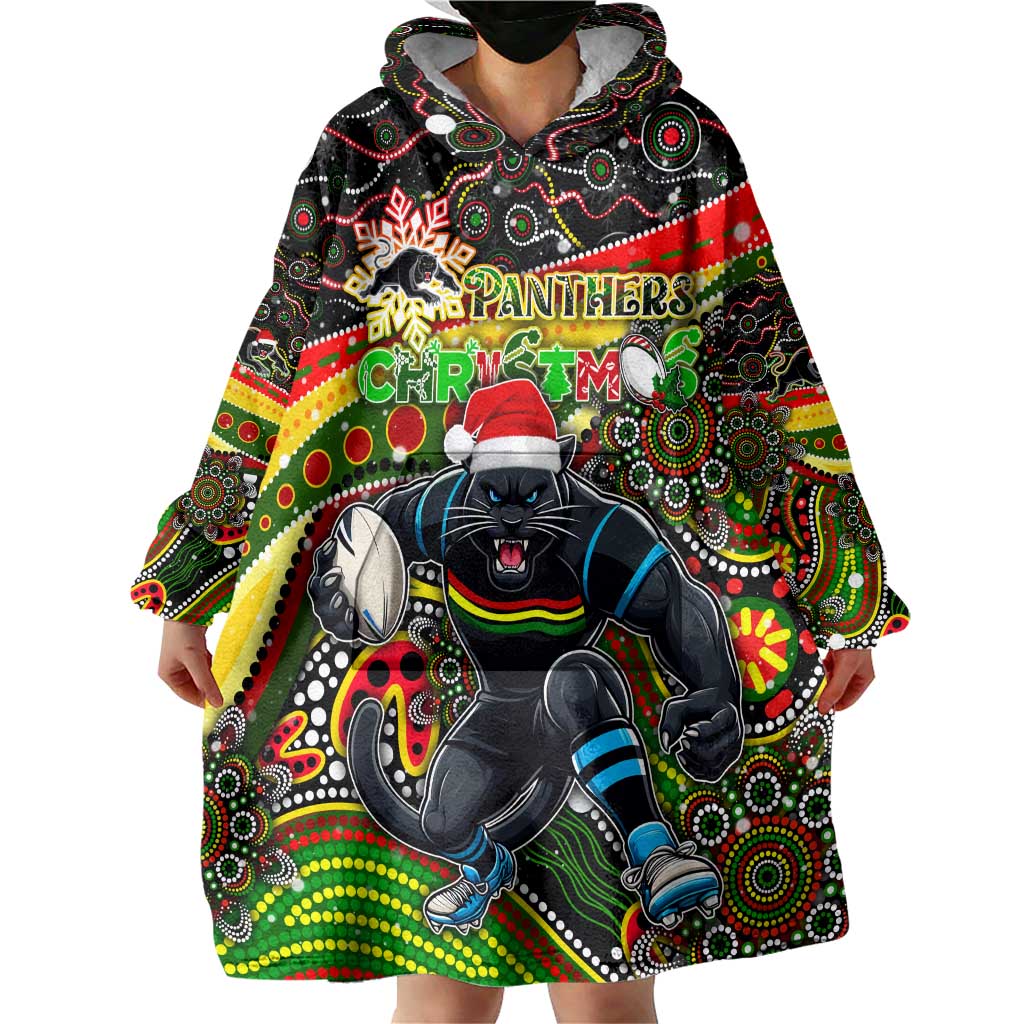 Merry Christmas Penrith Panthers Wearable Blanket Hoodie Aboriginal Santa Rugby Mascot - The Riff - Vibe Hoodie Shop