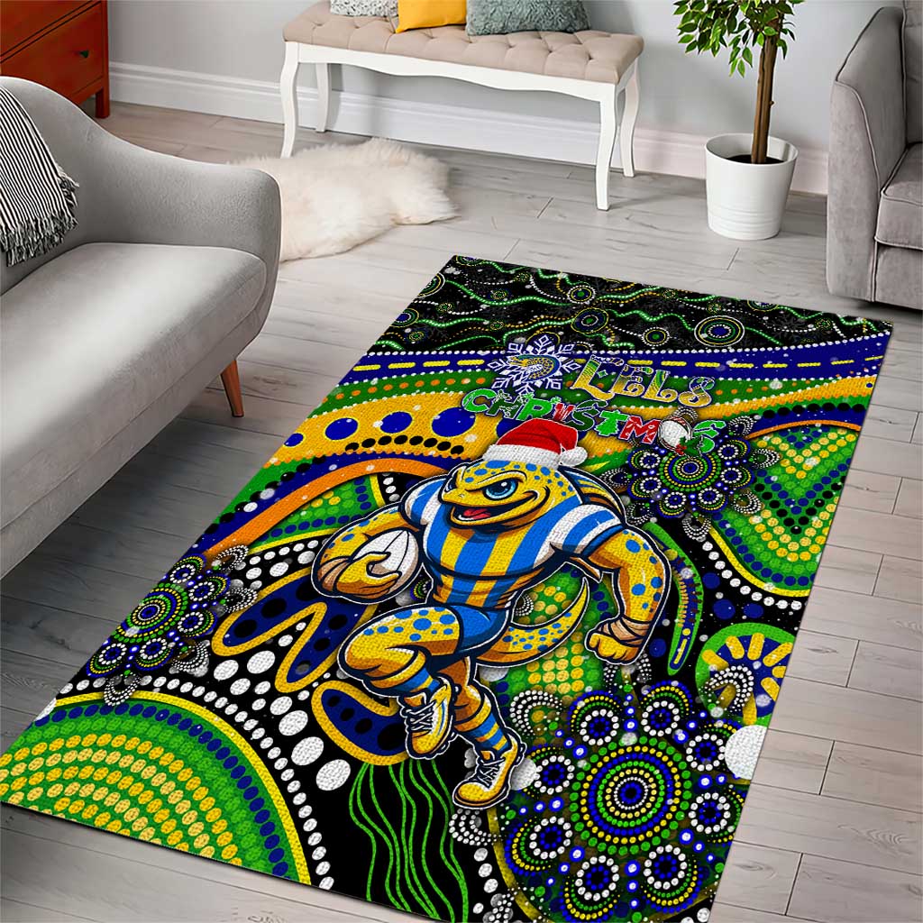 Merry Christmas Eels Area Rug Aboriginal Santa Rugby Mascot - Parramatta - Vibe Hoodie Shop