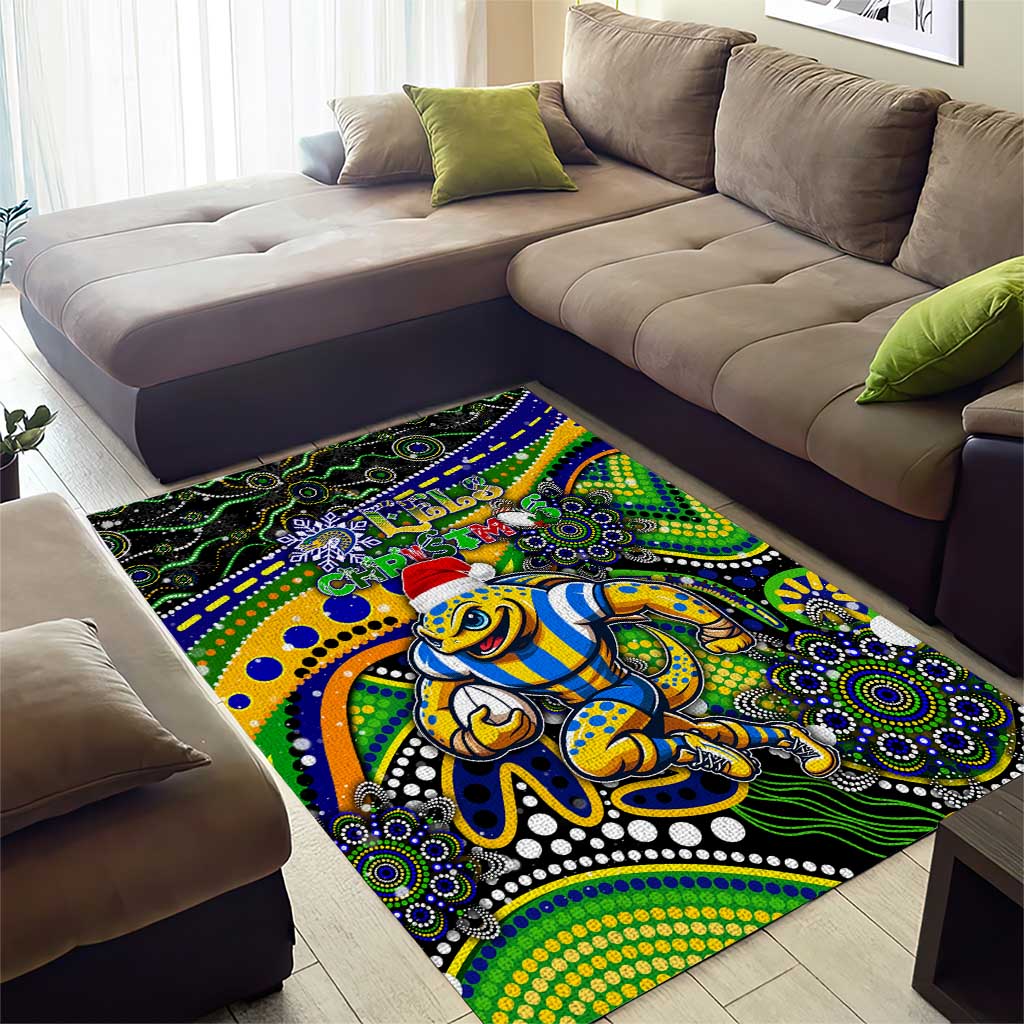 Merry Christmas Eels Area Rug Aboriginal Santa Rugby Mascot - Parramatta - Vibe Hoodie Shop