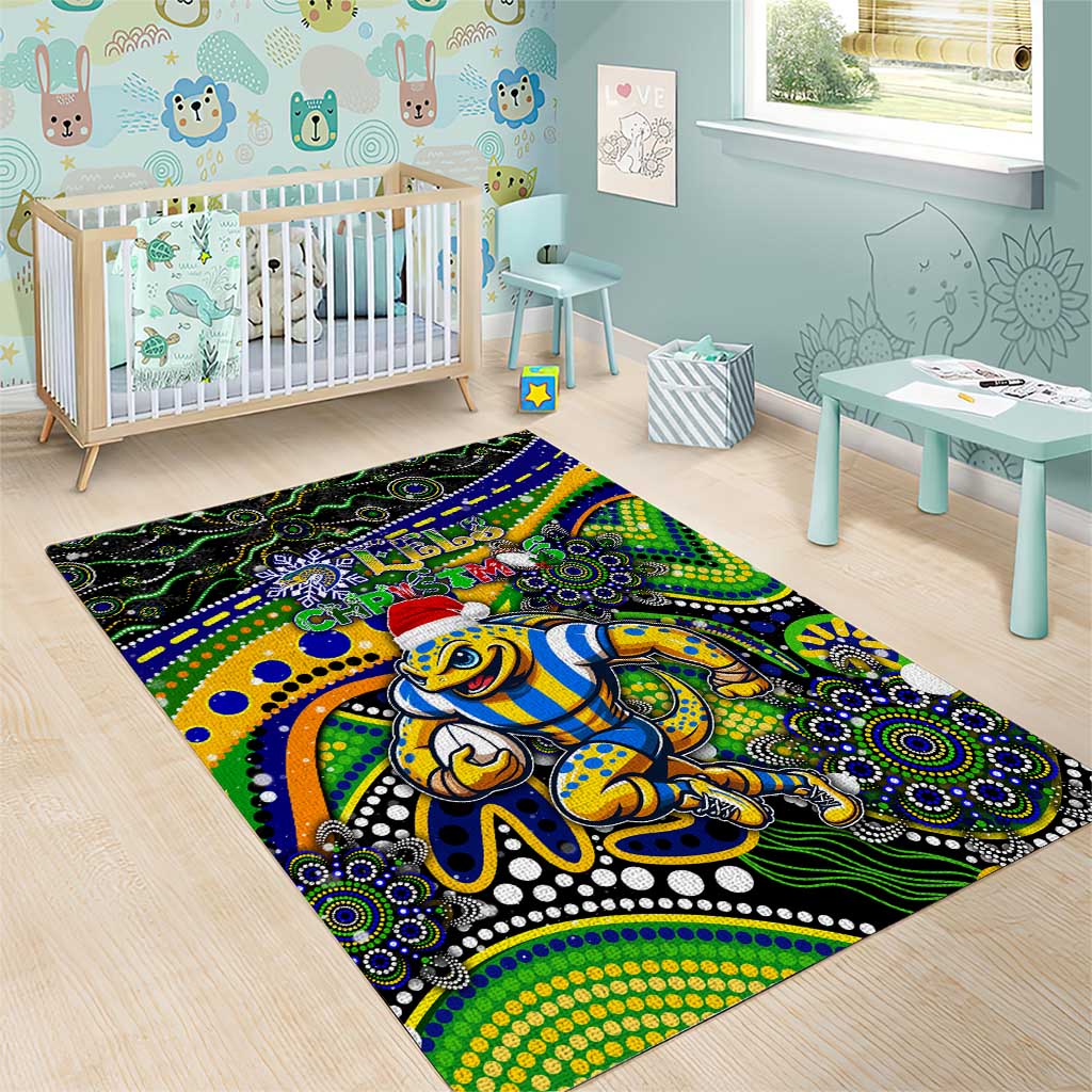 Merry Christmas Eels Area Rug Aboriginal Santa Rugby Mascot - Parramatta - Vibe Hoodie Shop