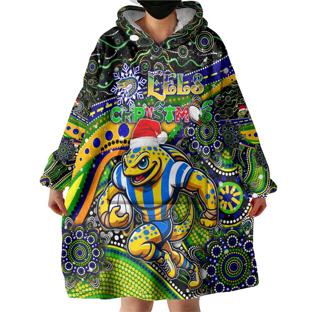 Merry Christmas Eels Wearable Blanket Hoodie Aboriginal Santa Rugby Mascot - Parramatta - Vibe Hoodie Shop