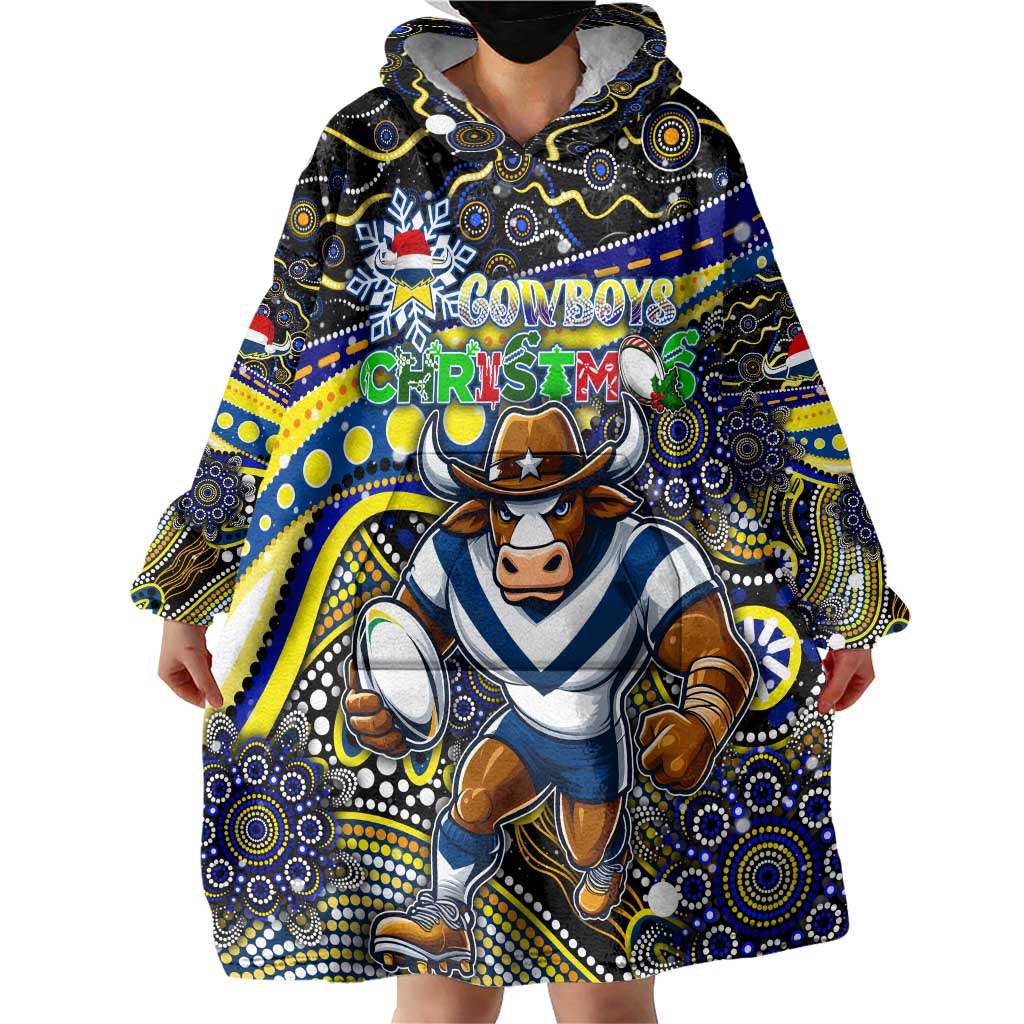 Merry Christmas Cowboys Wearable Blanket Hoodie Aboriginal Santa Rugby Mascot - North Queensland - Vibe Hoodie Shop