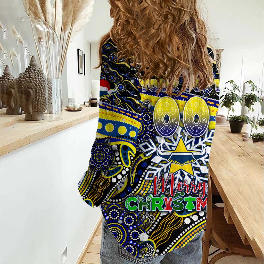 Merry Christmas Cowboys Women Casual Shirt Aboriginal Santa Rugby Mascot - North Queensland - Vibe Hoodie Shop