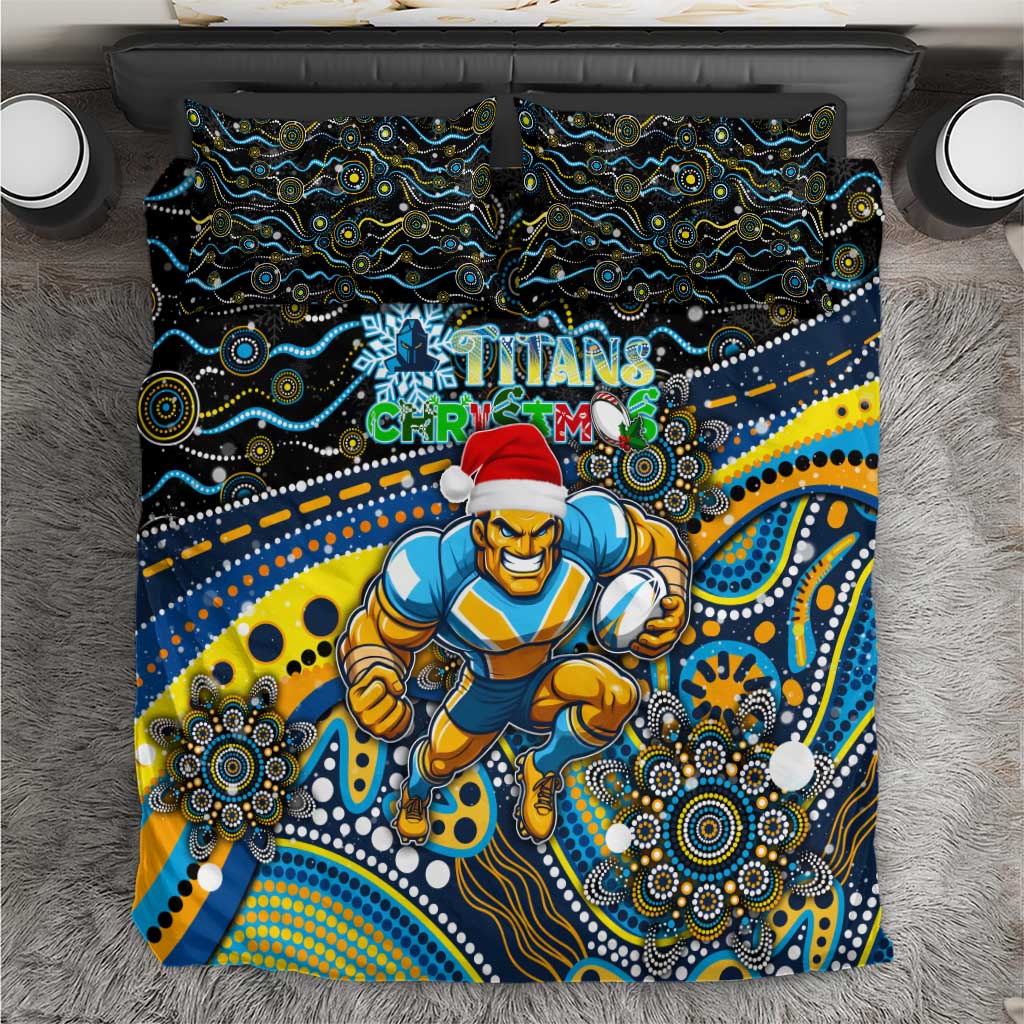 Merry Christmas Gold Coast Titans Bedding Set Aboriginal Santa Rugby Mascot - Light Blue - Vibe Hoodie Shop