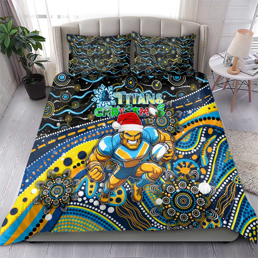 Merry Christmas Gold Coast Titans Bedding Set Aboriginal Santa Rugby Mascot - Light Blue - Vibe Hoodie Shop