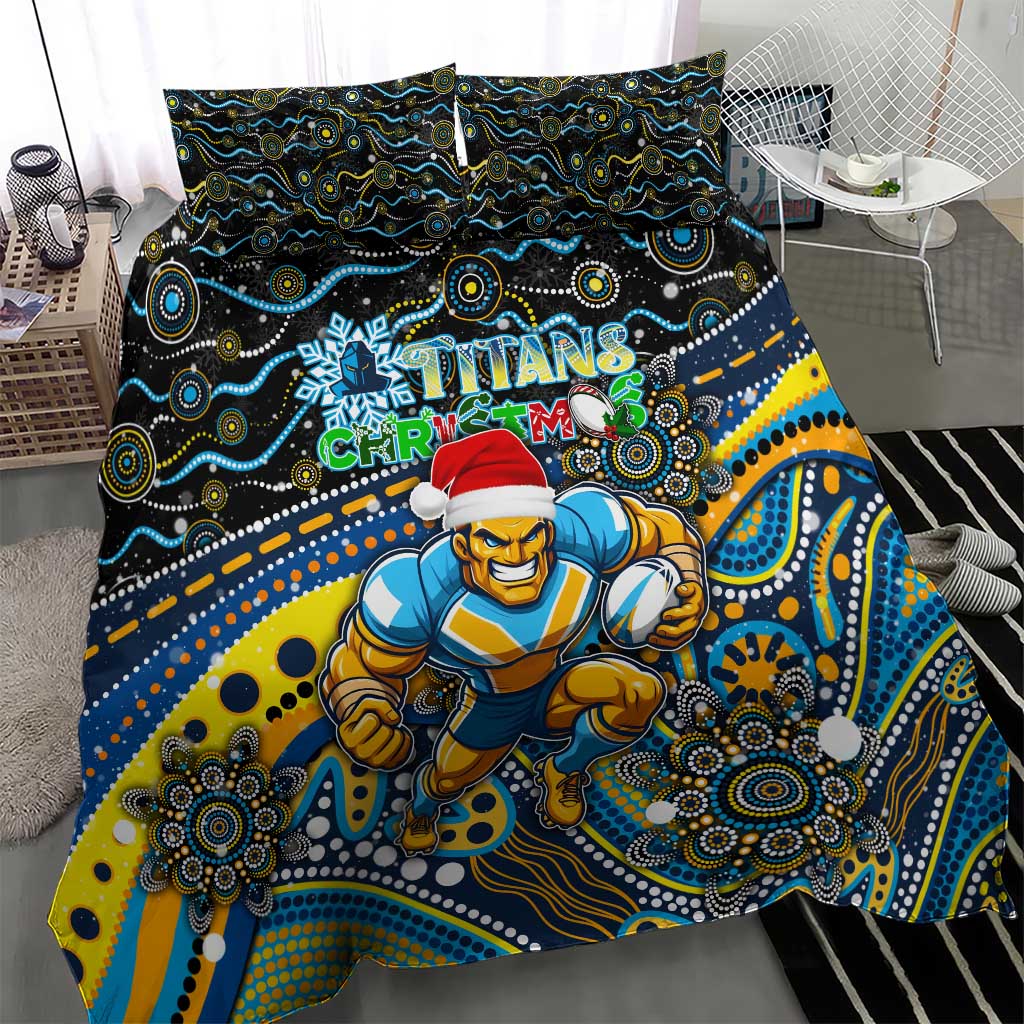 Merry Christmas Gold Coast Titans Bedding Set Aboriginal Santa Rugby Mascot - Light Blue - Vibe Hoodie Shop