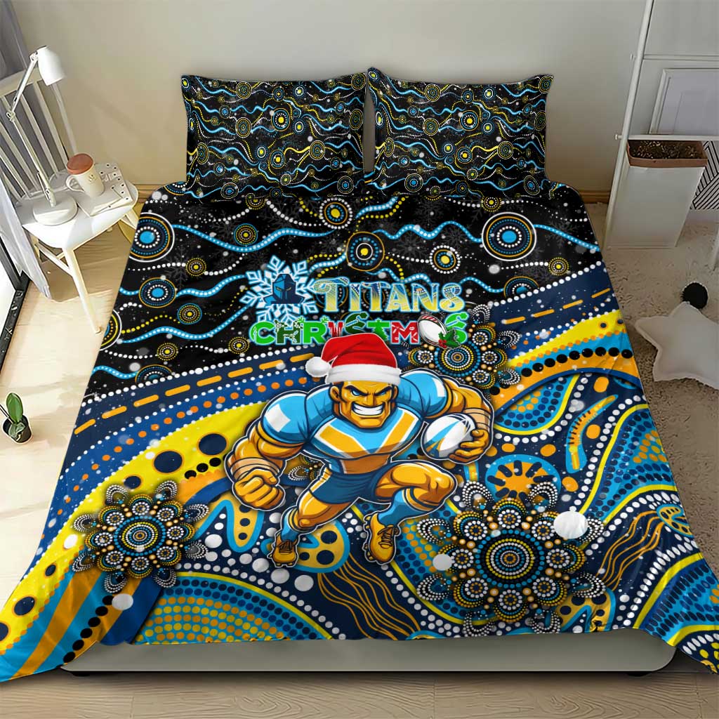 Merry Christmas Gold Coast Titans Bedding Set Aboriginal Santa Rugby Mascot - Light Blue - Vibe Hoodie Shop