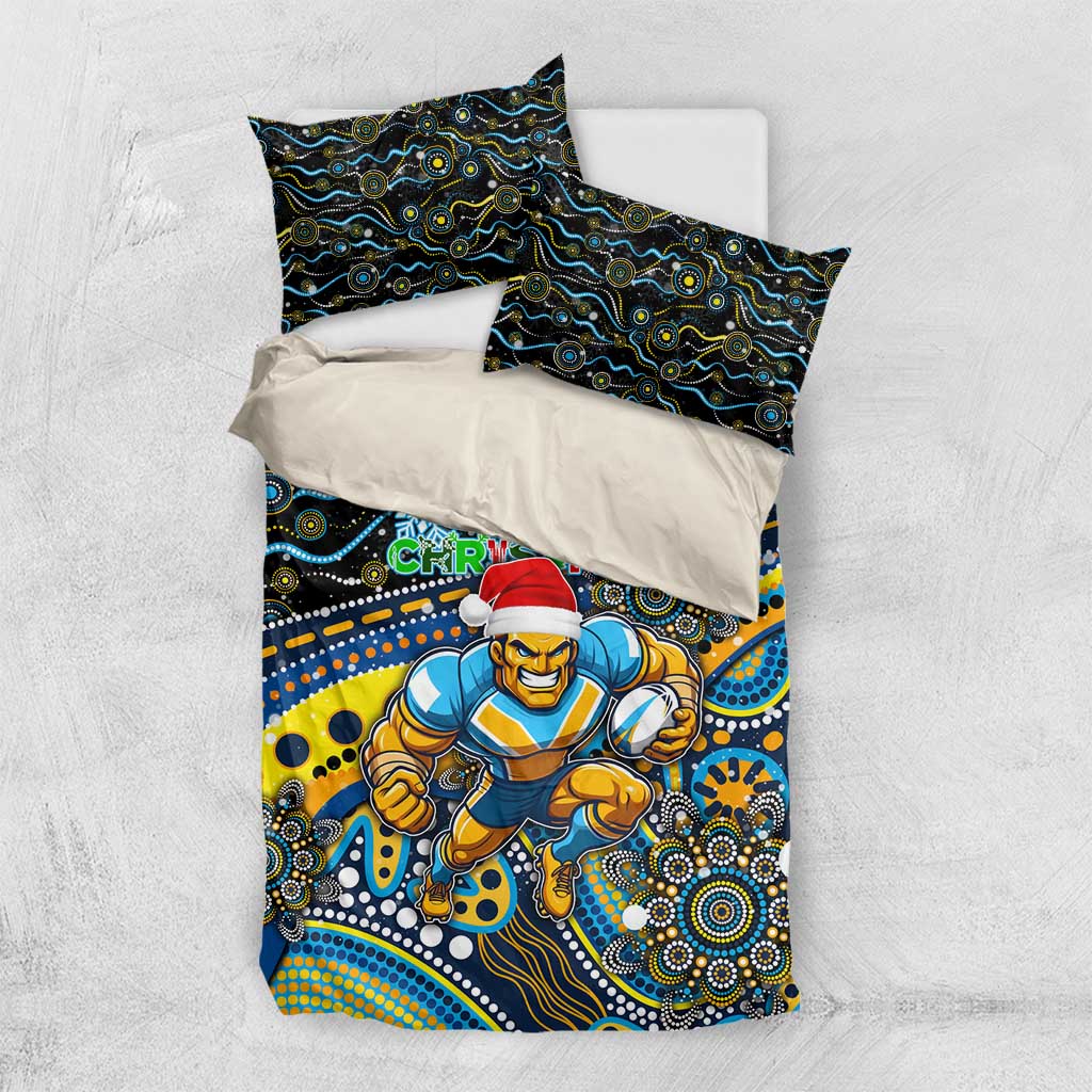 Merry Christmas Gold Coast Titans Bedding Set Aboriginal Santa Rugby Mascot - Light Blue - Vibe Hoodie Shop