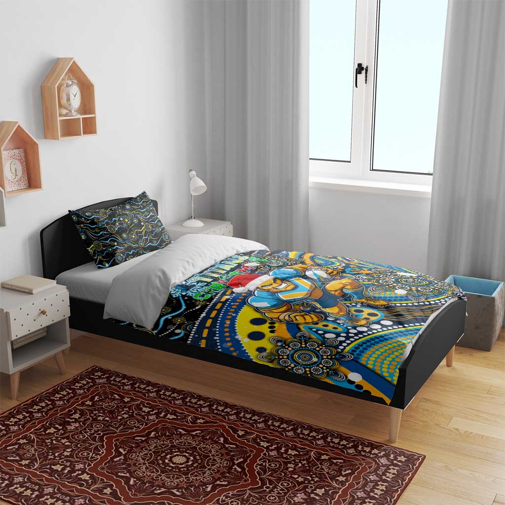 Merry Christmas Gold Coast Titans Bedding Set Aboriginal Santa Rugby Mascot - Light Blue - Vibe Hoodie Shop