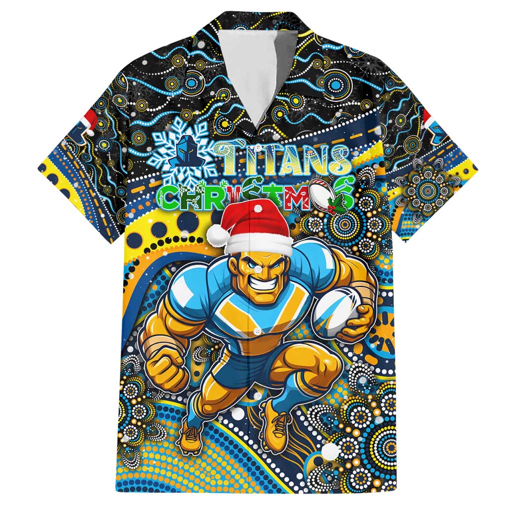 Merry Christmas Gold Coast Titans Hawaiian Shirt Aboriginal Santa Rugby Mascot - Light Blue - Vibe Hoodie Shop