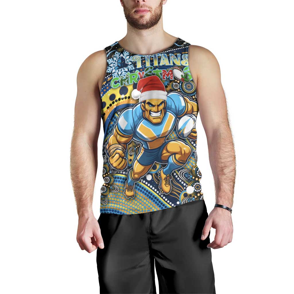 Merry Christmas Gold Coast Titans Men Tank Top Aboriginal Santa Rugby Mascot - Light Blue - Vibe Hoodie Shop