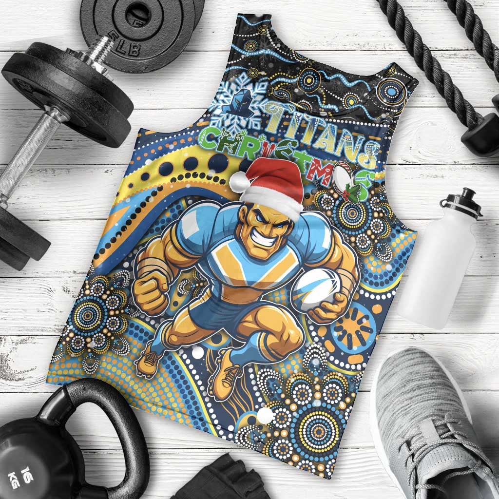 Merry Christmas Gold Coast Titans Men Tank Top Aboriginal Santa Rugby Mascot - Light Blue - Vibe Hoodie Shop