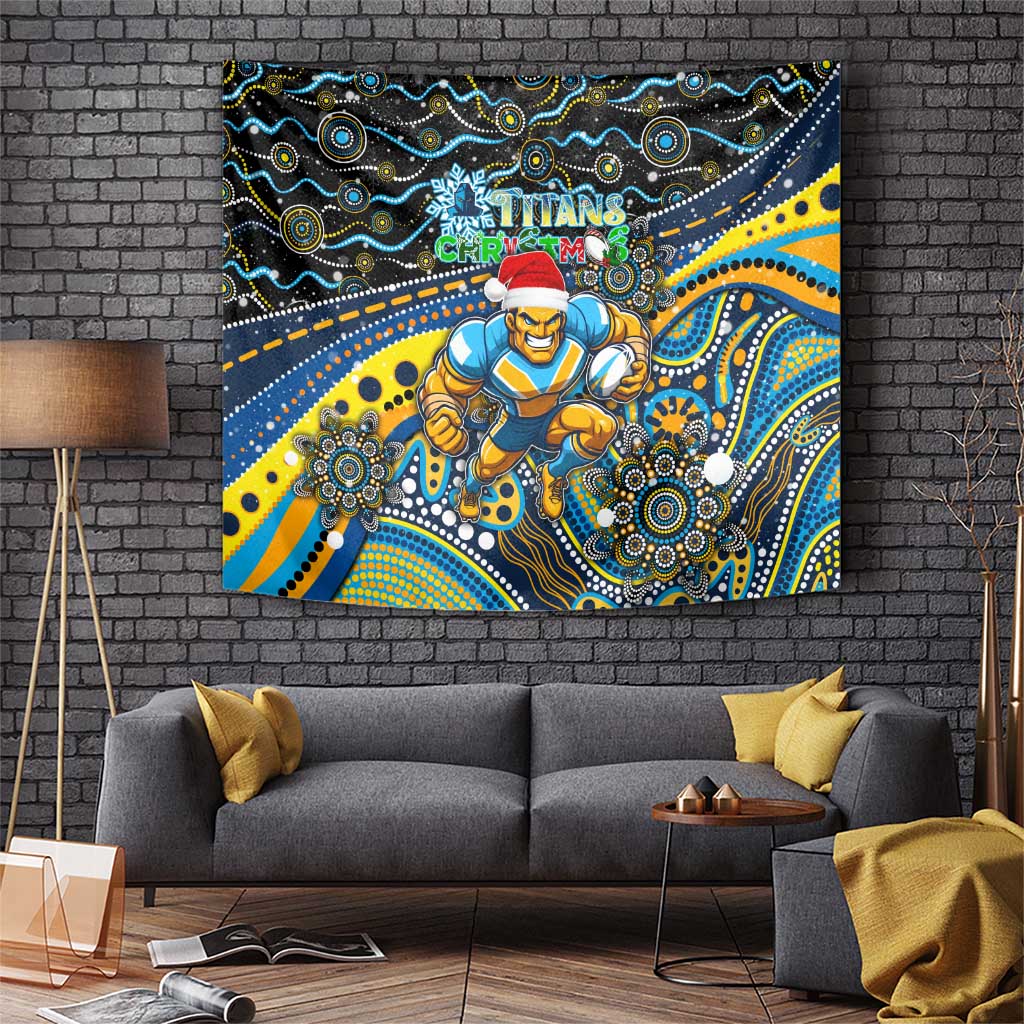 Merry Christmas Gold Coast Titans Tapestry Aboriginal Santa Rugby Mascot - Light Blue - Vibe Hoodie Shop