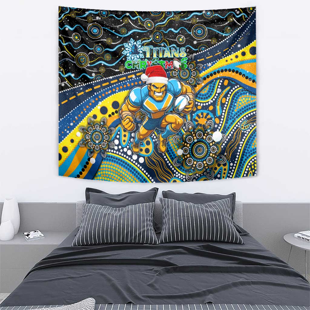 Merry Christmas Gold Coast Titans Tapestry Aboriginal Santa Rugby Mascot - Light Blue - Vibe Hoodie Shop