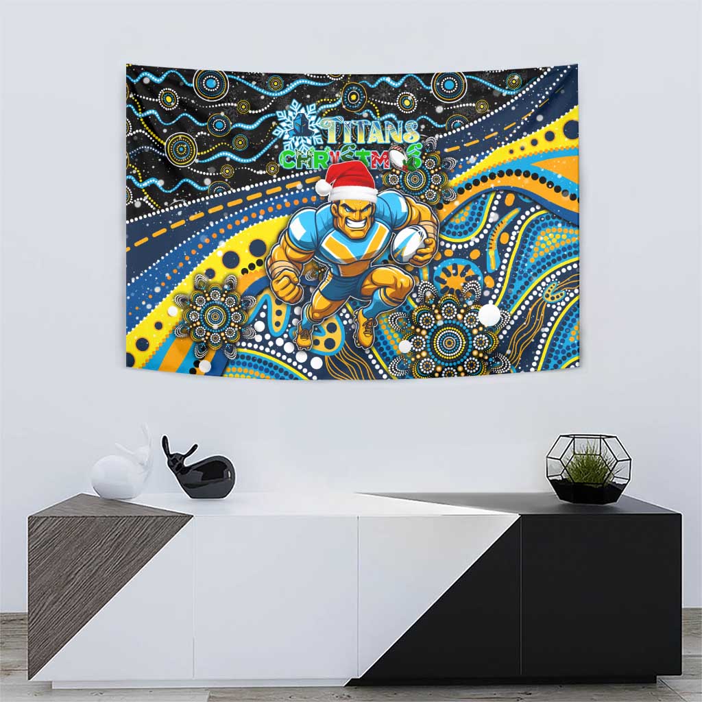 Merry Christmas Gold Coast Titans Tapestry Aboriginal Santa Rugby Mascot - Light Blue - Vibe Hoodie Shop