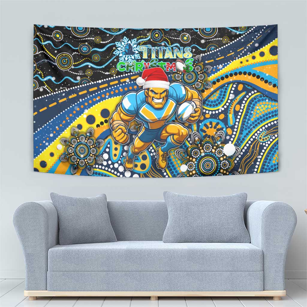 Merry Christmas Gold Coast Titans Tapestry Aboriginal Santa Rugby Mascot - Light Blue - Vibe Hoodie Shop