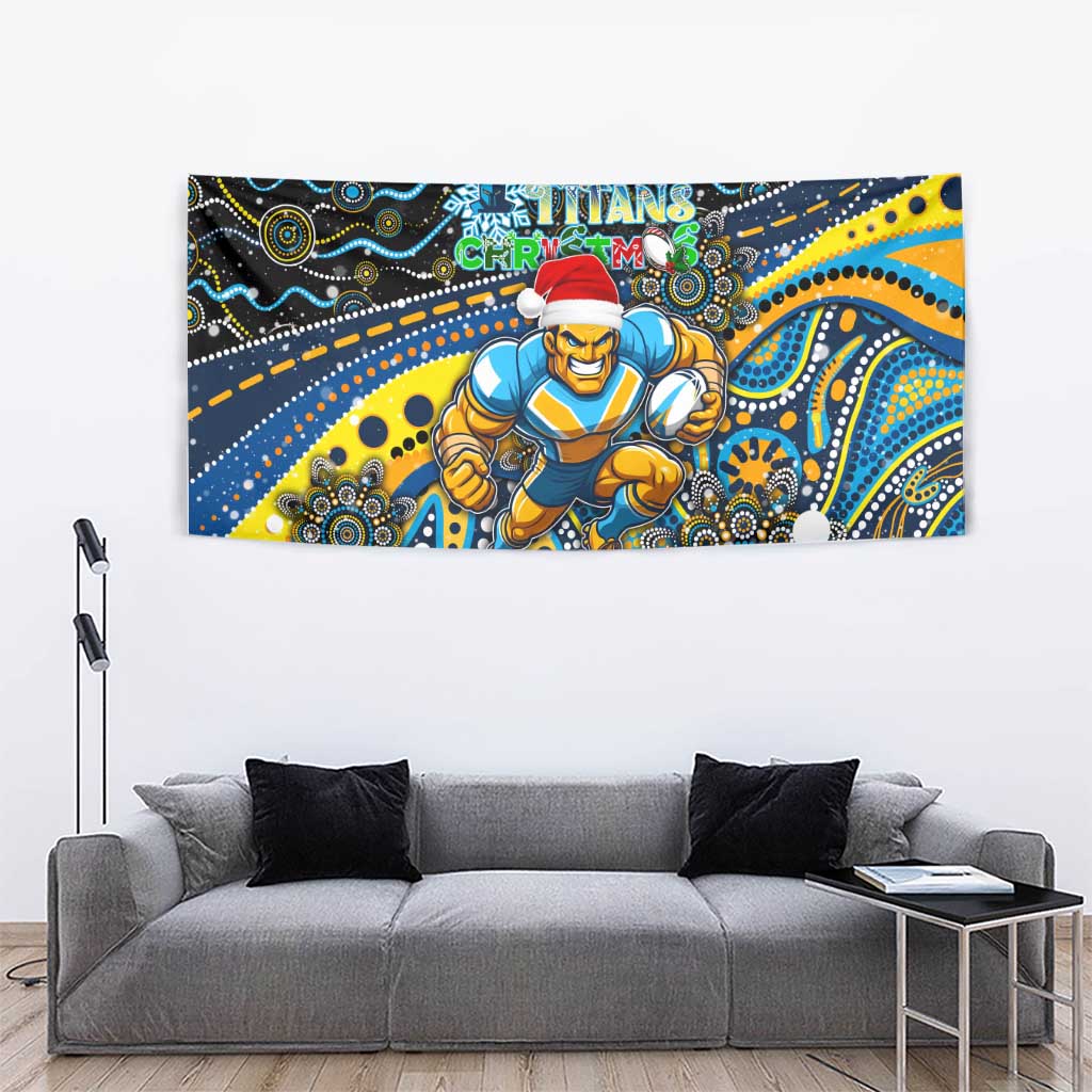 Merry Christmas Gold Coast Titans Tapestry Aboriginal Santa Rugby Mascot - Light Blue - Vibe Hoodie Shop