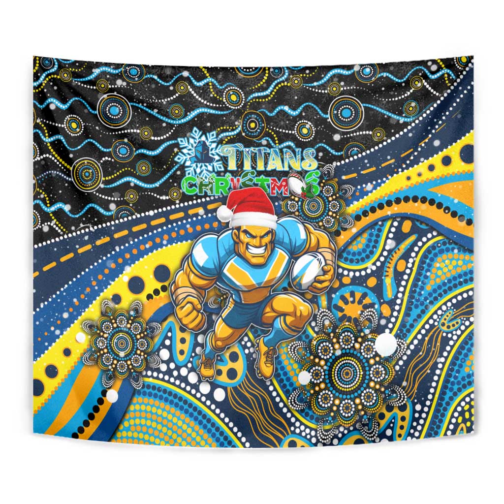 Merry Christmas Gold Coast Titans Tapestry Aboriginal Santa Rugby Mascot - Light Blue - Vibe Hoodie Shop