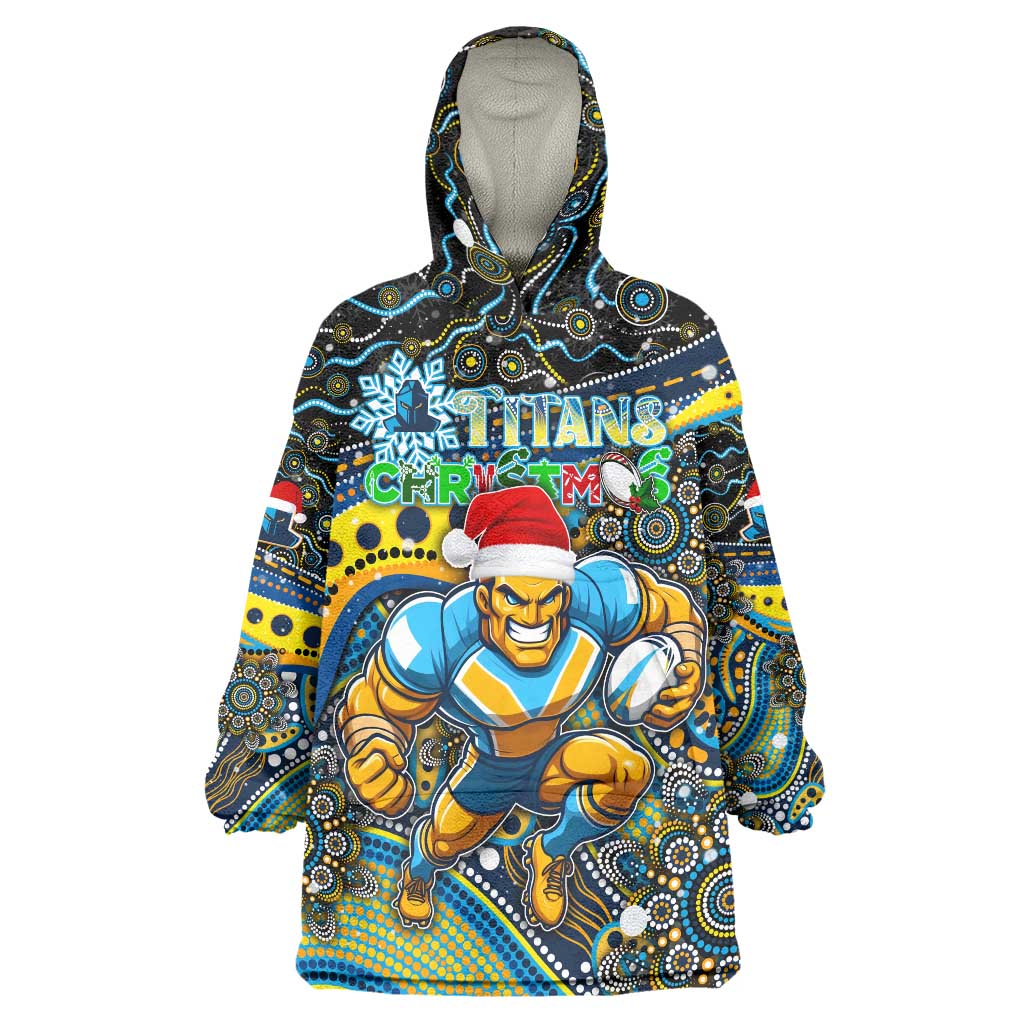 Merry Christmas Gold Coast Titans Wearable Blanket Hoodie Aboriginal Santa Rugby Mascot - Light Blue - Vibe Hoodie Shop