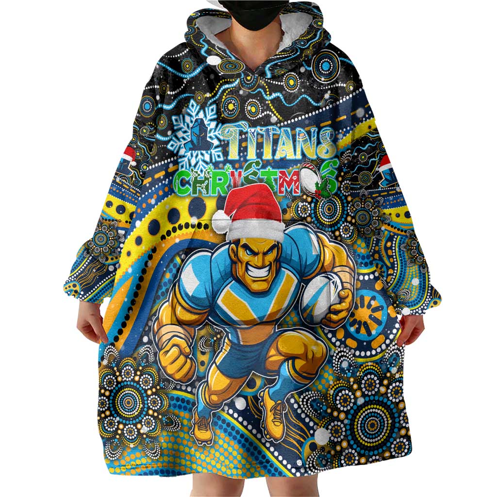 Merry Christmas Gold Coast Titans Wearable Blanket Hoodie Aboriginal Santa Rugby Mascot - Light Blue - Vibe Hoodie Shop