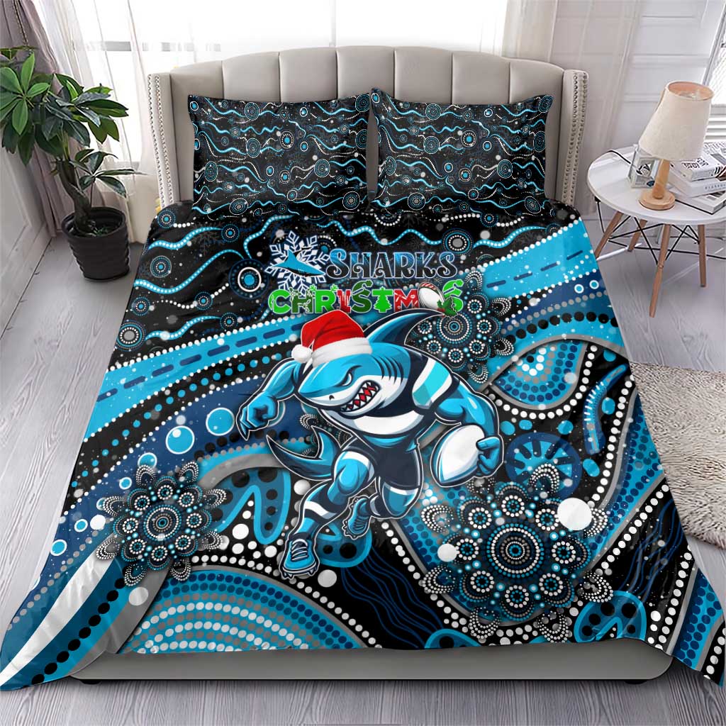 Merry Christmas Sharks Bedding Set Aboriginal Santa Rugby Mascot - Cronulla Sutherland - Vibe Hoodie Shop