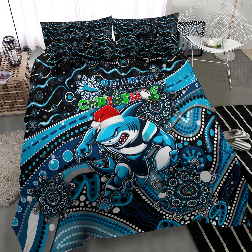 Merry Christmas Sharks Bedding Set Aboriginal Santa Rugby Mascot - Cronulla Sutherland - Vibe Hoodie Shop