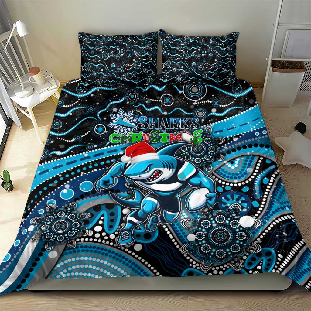 Merry Christmas Sharks Bedding Set Aboriginal Santa Rugby Mascot - Cronulla Sutherland - Vibe Hoodie Shop
