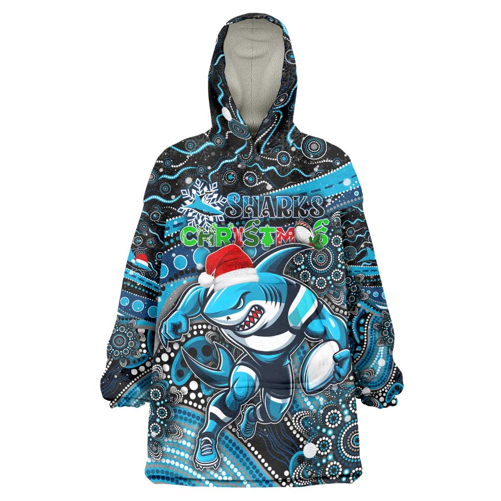 Merry Christmas Sharks Wearable Blanket Hoodie Aboriginal Santa Rugby Mascot - Cronulla Sutherland - Vibe Hoodie Shop