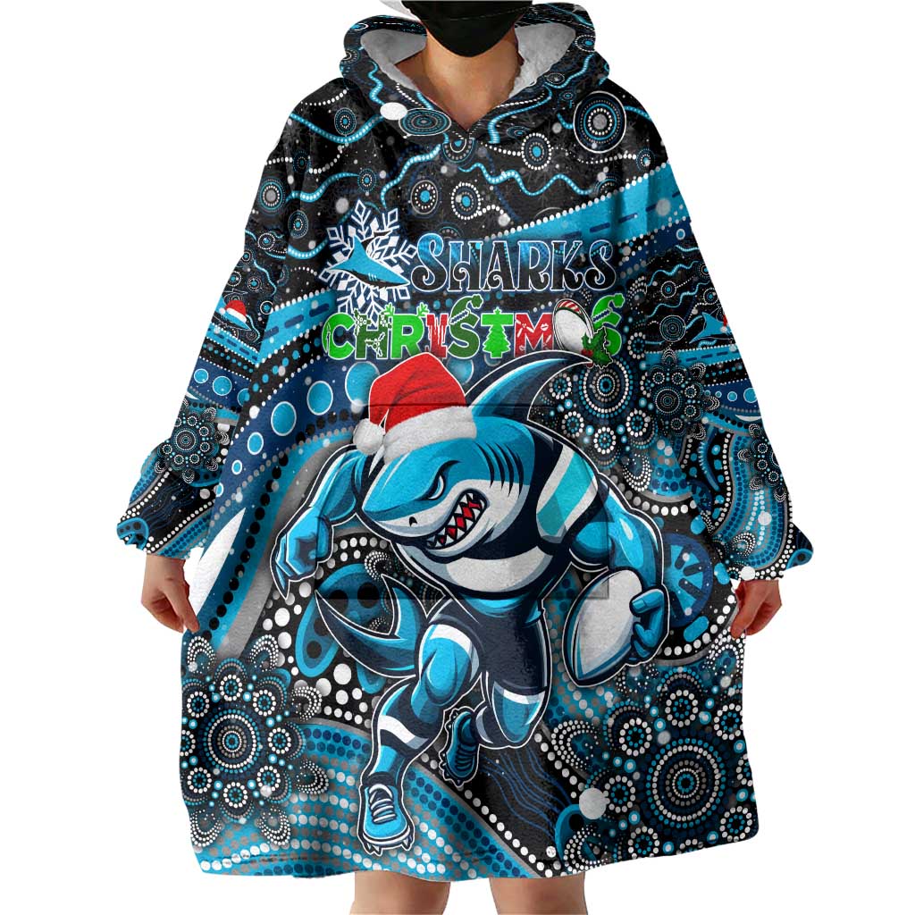 Merry Christmas Sharks Wearable Blanket Hoodie Aboriginal Santa Rugby Mascot - Cronulla Sutherland - Vibe Hoodie Shop