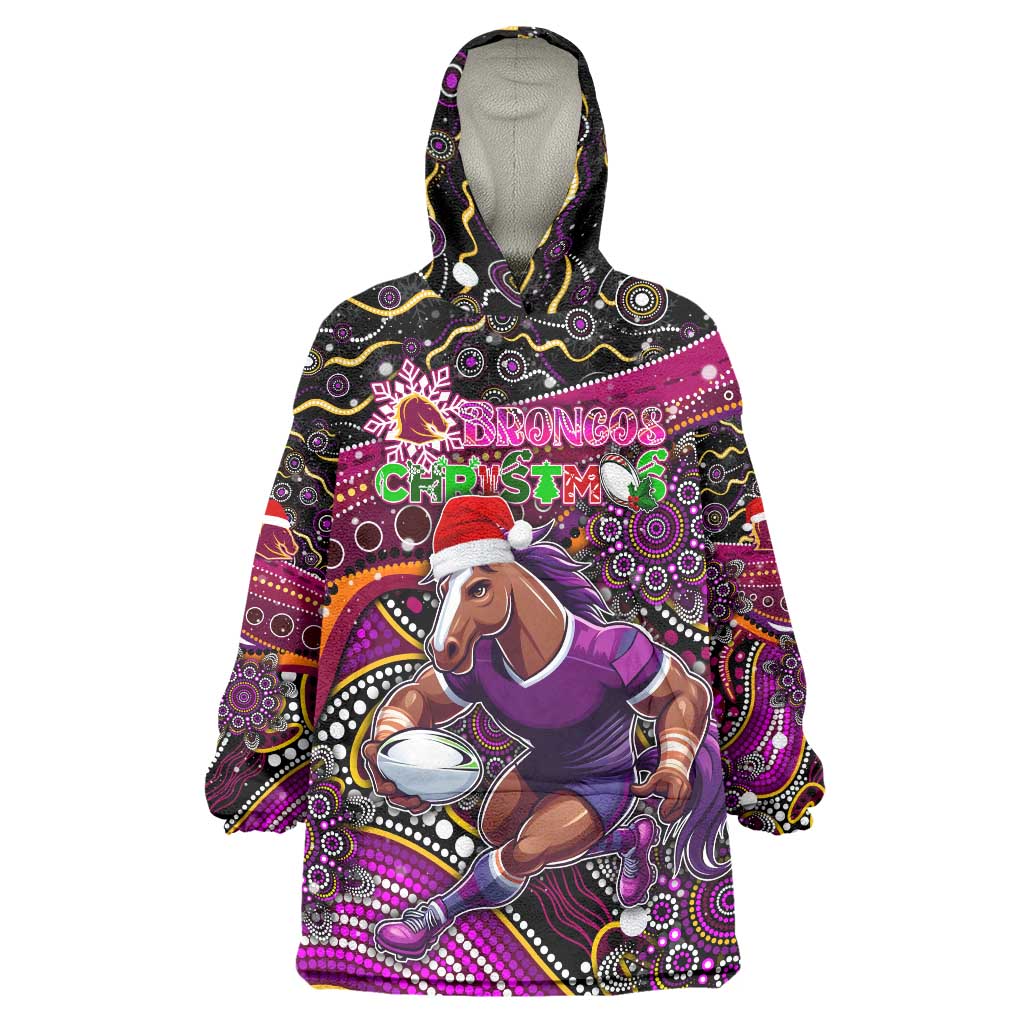 Merry Christmas Broncos Wearable Blanket Hoodie Aboriginal Santa Rugby Mascot - Brisbane - Vibe Hoodie Shop